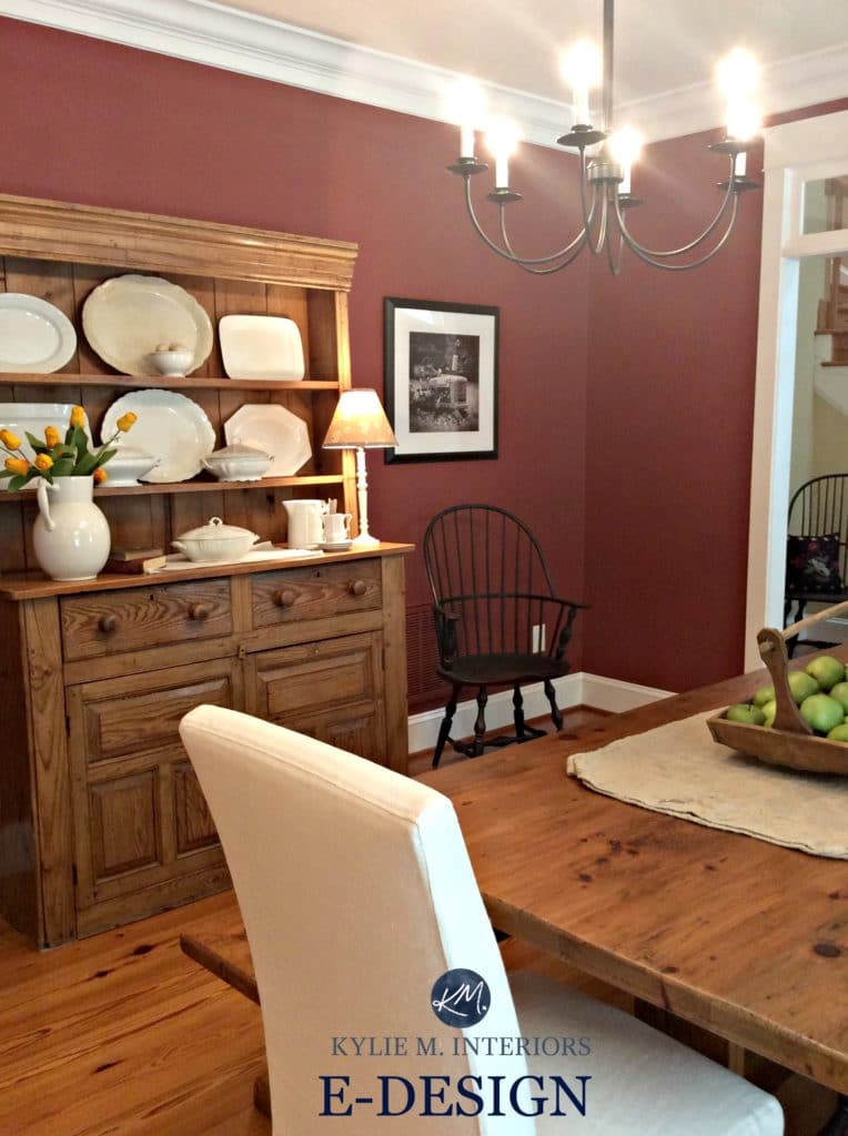 E-design and online paint colour expert Kylie M Interiors. Farmhouse dining room with the best paint colour for pine and oak floor and furniture - Benjamin Moore ONondaga Clay or Boxcar Red