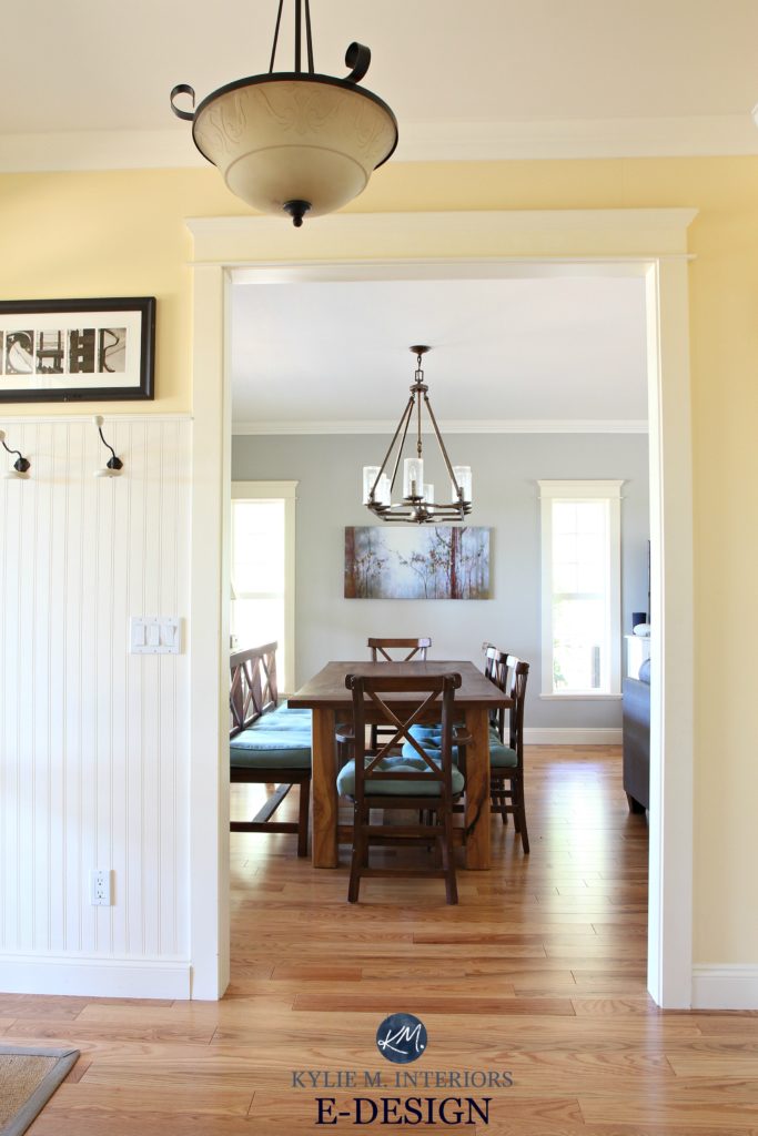 E-design. Farmhouse country style paint palette, Benjamin Moore Buttermilk yellow and Revere Pewter gray. Oak flooring and furnishings. Kylie M Interiors blog