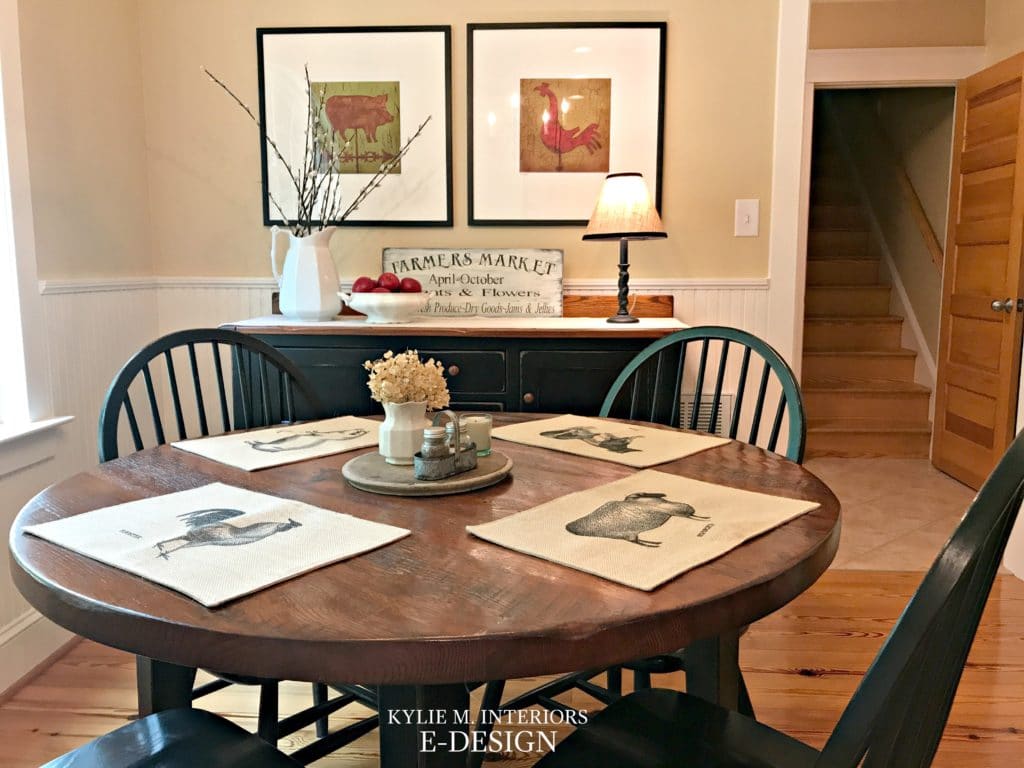 Eating nook, dining with black farmhouse furniture, Powell Buff paint colour Benjamin Moore and white wainscoting and trim. Country Decor. Kylie M E-design and virtual colour consulting