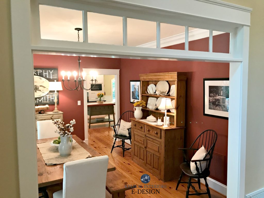 Farmhouse country dining room painted Benjamin Moore Onondaga Clay, red paint colour. Pine wood flooring and furniture. Kylie M Online Colour Consulting and E-design
