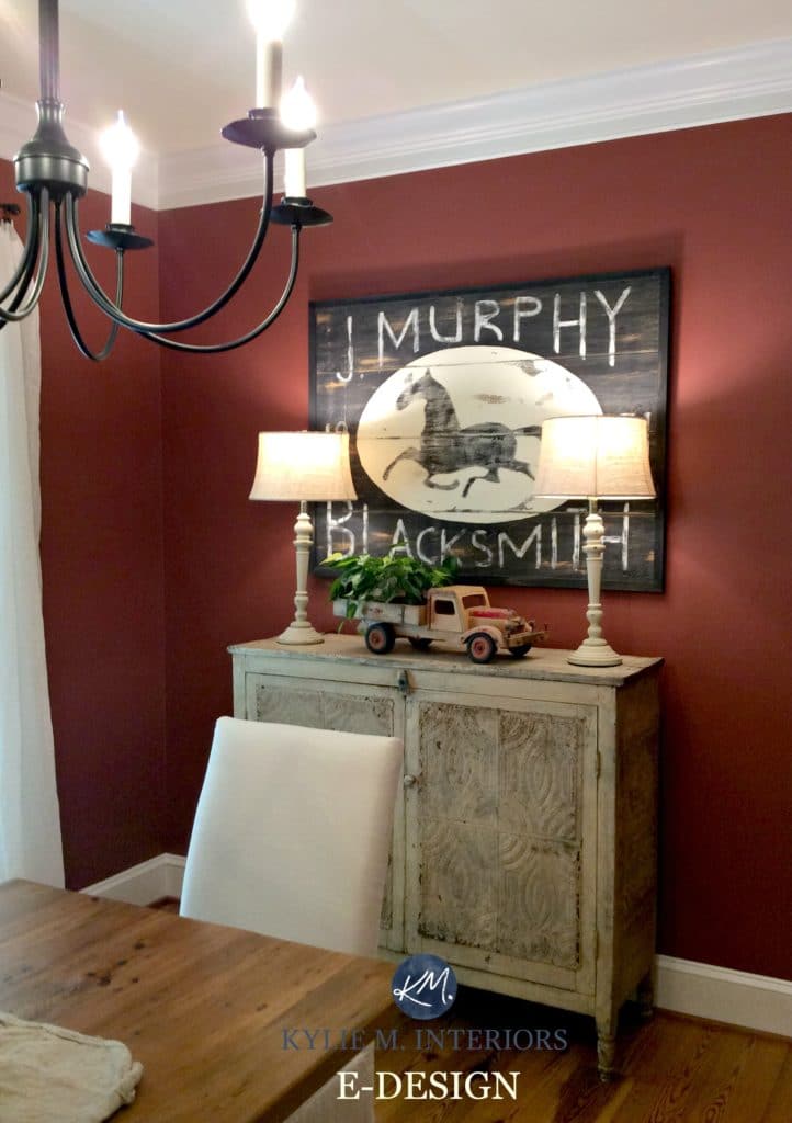 Farmhouse country style buffet in dining room with decor and Benjamin Moore Onondaga Clay or Boxcar Red paint colour. Kylie M Interiors E-design and online, virtual color consulting