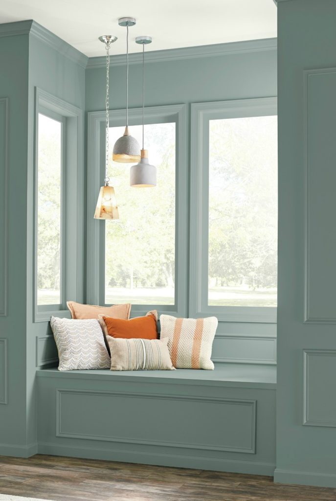 Behr in the Moment in a reading nook on painted wall panelling. Kylie M E-decor, paint expert blog, photo via Behr