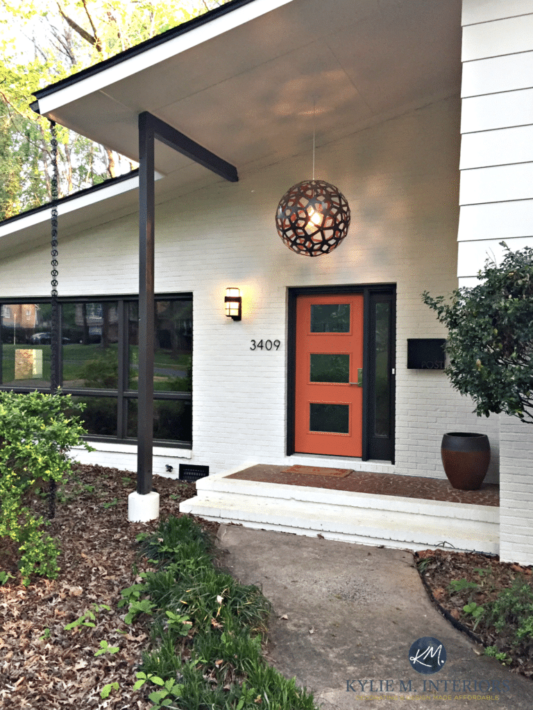 Black windows, painted white brick mid century, white, orange, brown, Kylie M E-design
