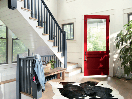 Front door painted Caliente. Red. Benjamin Moore colour of the year.Photo via BM. Info via Kylie M E-design color advice.