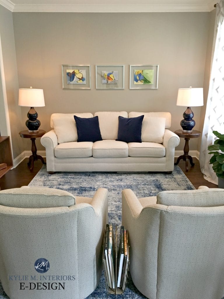 Benjamin Moore Plymouth Rock, best mushroom paint colour. Kylie M E-design, living room, navy blue accents