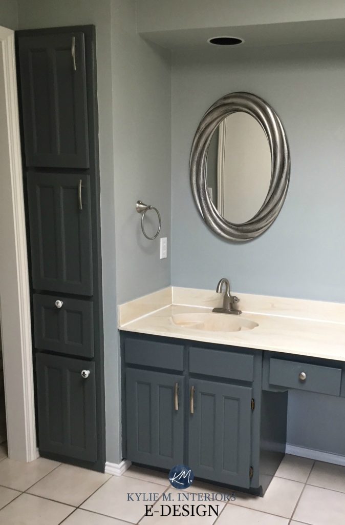 Bathroom with almond, bone, beige fixtures and countertop. Kylie M E-design, best gray paint in this bathroom, Painted oak cabinets