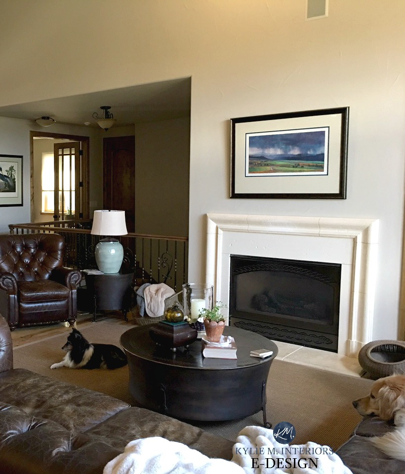 Best beige paint colour, Sherwin Williams Accessible Beige in living room with stone fireplace and brown leather furniture. KYlie M Virtual, e-design and online colour expert