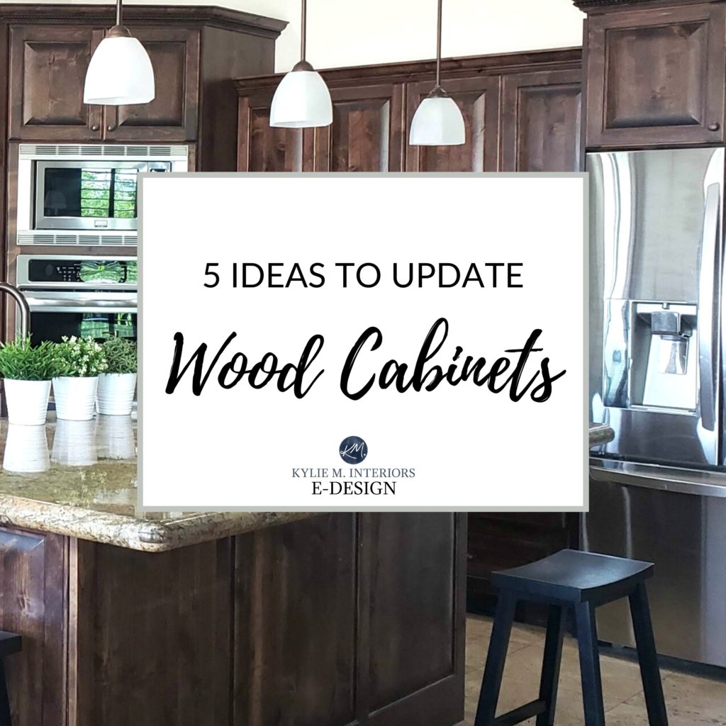 Ideas to update wood oak, maple or cherry kitchen cabinets with backsplash, hardware, home decor and more. Kylie M Interiors Edesign, online paint color advice blogger