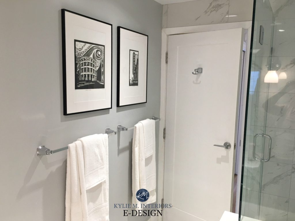 Bathroom with porcelain look marble tile. Paint color similar to Benjamin Moore Stonington Gray. Kylie M INteriors E-design before image