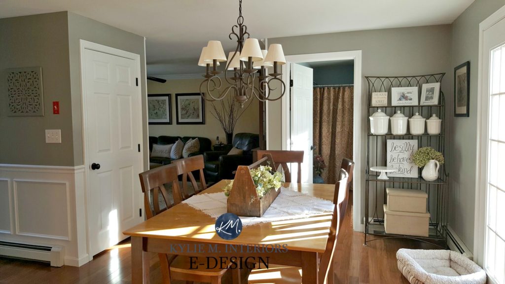 Country farmhouse style dining room, warm wood floor and