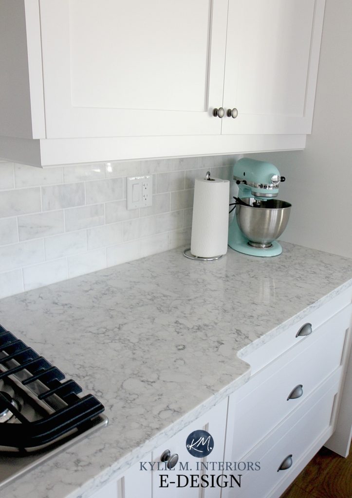 White kitchen cabinets, Sherwin Williams High Reflective White painted maple, Rococco quartz countertop, marble subway tile. Kylie M Interiors Edesign, online paint color blogger and consultant