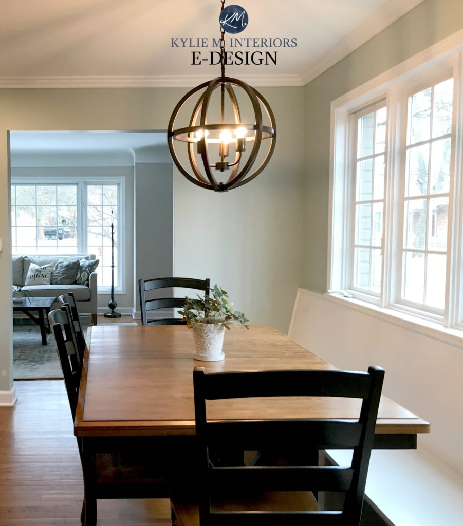Benjamin Moore Silver Marlin, eating nook in farmhouse kitchen, blue green paint colour. Kylie M INteriors E-design online paint blog