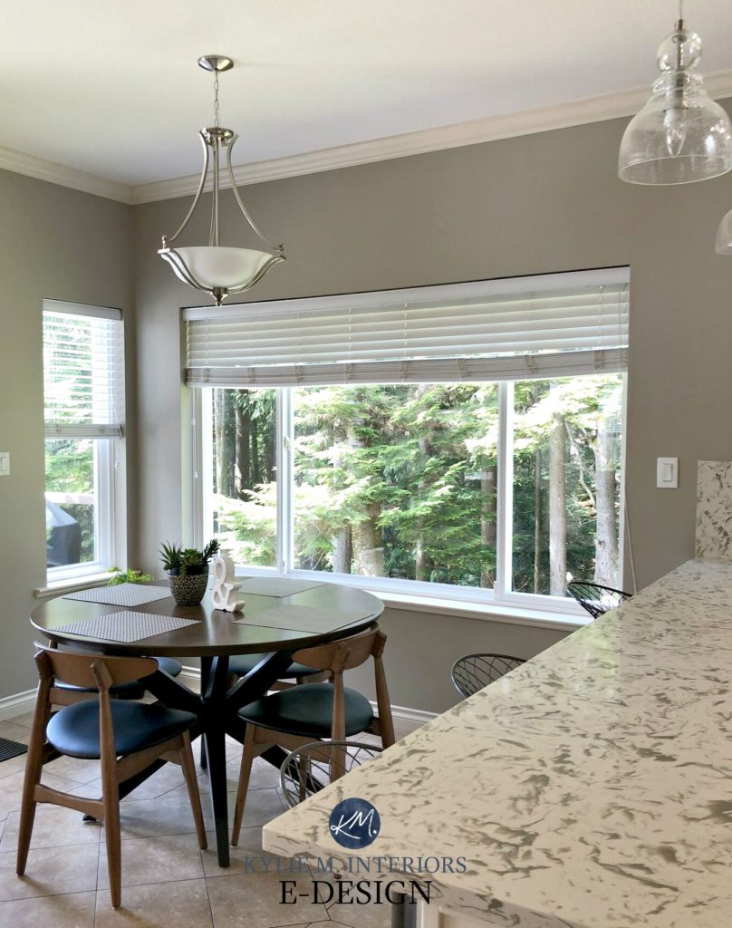 Benjamin Moore Pashmina in eating area, dining room. TCE Quartz 3001, trees, green outside the window. Kylie M INteriors edesign