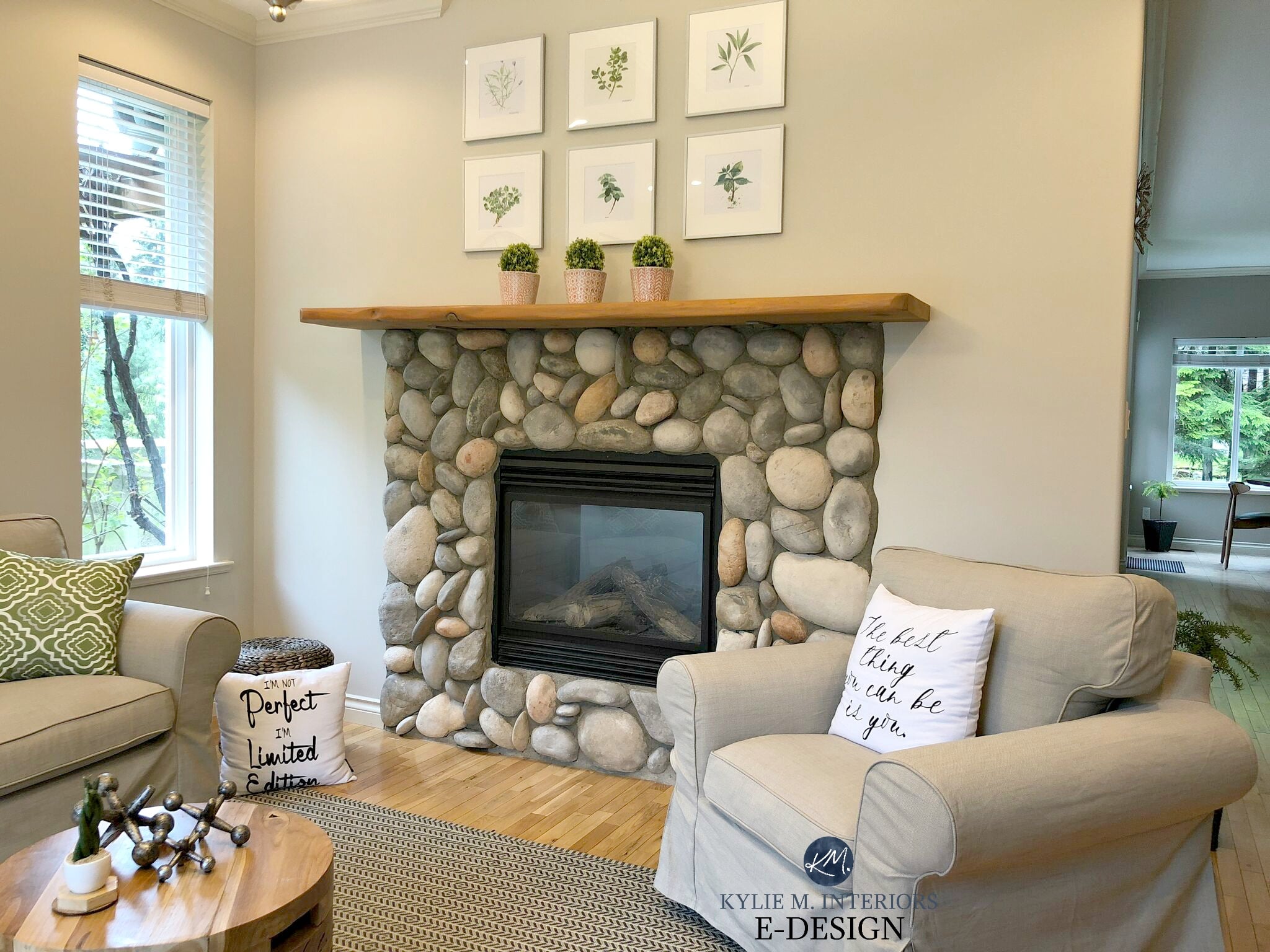Kylie M Interiors Edesign online paint color consulting. Benjamin Moore Edgecomb Gray, best greige paint colour in living room family room with stone fireplace