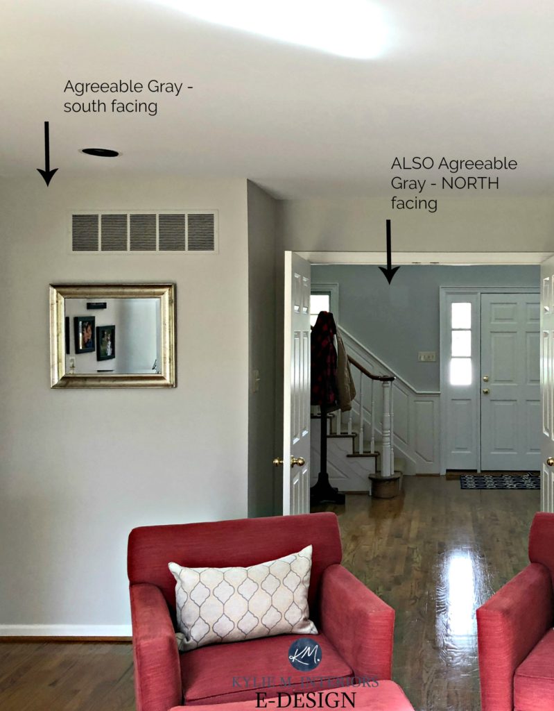 Sherwin Williams Agreeable Gray, greige paint colour in north and south facing rooms. Kylie M Interiors Edesign, online paint colour expert. paint review