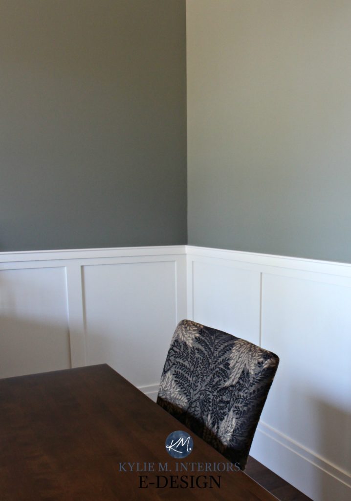 Sherwin Williams Attitude Gray, Cloud White trim, wainscoting. Kylie M INteriors Edesign, online virtual paint color consulting