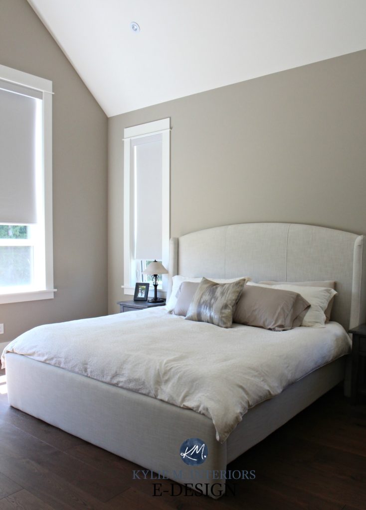 Sherwin Williams Balanced Beige, mushroom paint color, best greige taupe paint colour. South facing bedroom. Kylie M interiors Edesign, online virtual paint colour consulting
