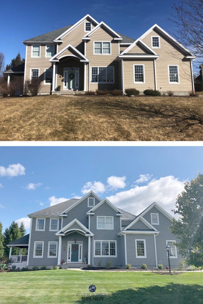 Before and after, Exterior. Beige to gray or charcoal with teal front door and white trim. Kylie M Interiors Edesign, online paint colour consulting, best paint colors blog and advice (1)