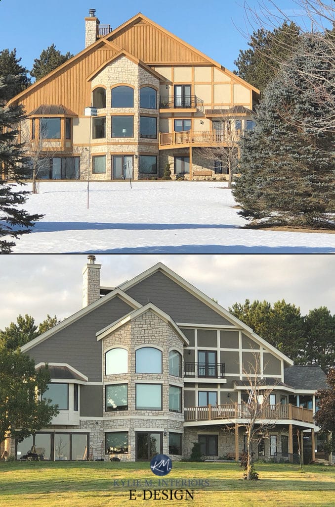 Before and after exterior paint colours edesign with Kylie M Interiors. 3 storey home. Warm Stone and Kilim Beige with stone and siding (1)