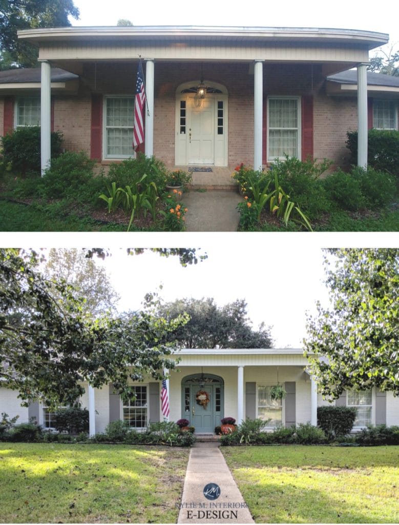 Before and after painted brick in off-white, blue green front door, greige shutters. Kylie M Interiors Edesign, exterior paint colour consulting advice and blog