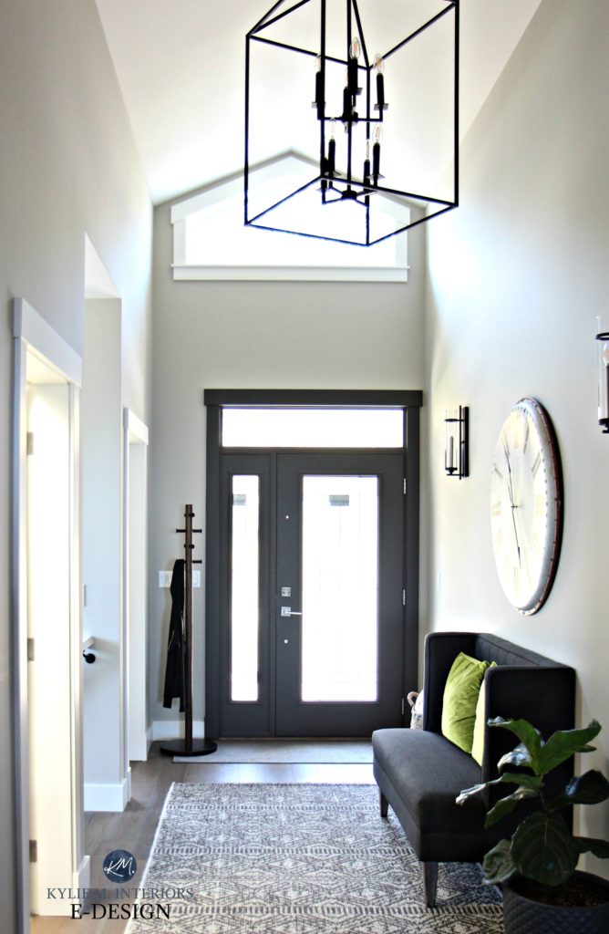 Entryway in Collonade Gray with inside of front door painted Urbane Bronze, vaulted ceiling. Kylie M INteriors Edesign, online paint consulting