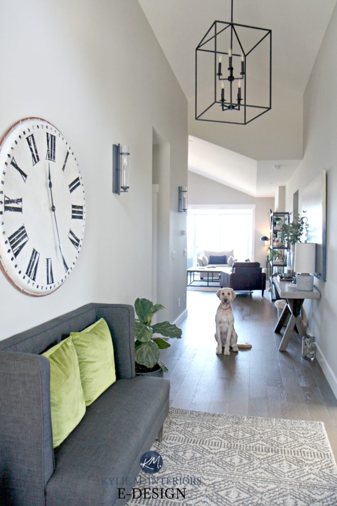 Kylie M Interiors Edesign, Entryway with vaulted ceiling, painted Sherwin Williams Collonade Gray, oversize clock and bench