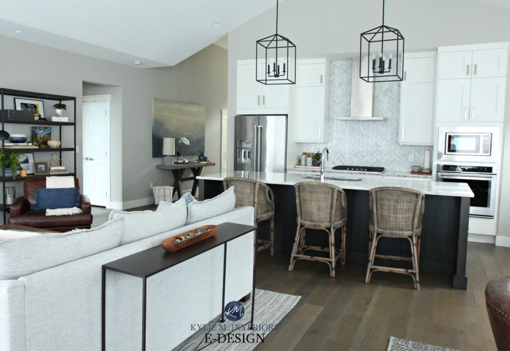Open concept kitchen, living, dining room, great room. Sherwin Williams Collonade Gray walls, Alabaster kitchen cabinets. rattan bar stools and transitional home decor. Kylie M Interiors Ed - Copy