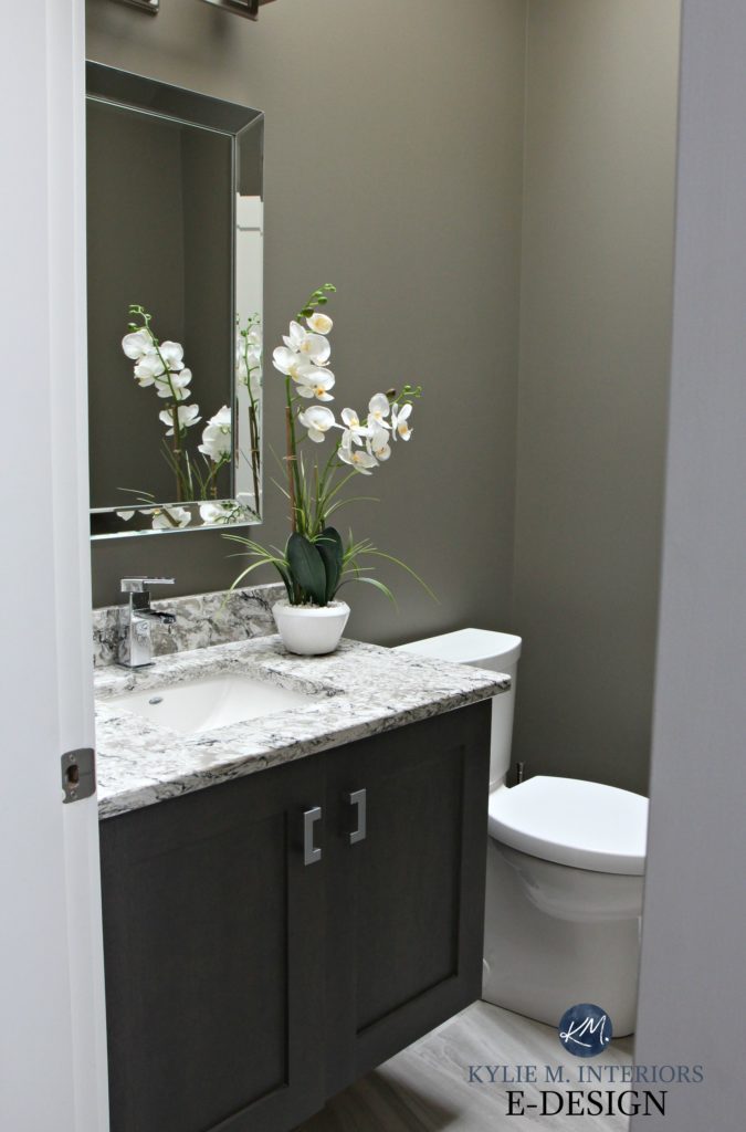 Small bathroom powder room in Sherwin Williams Anonymous with Cambria Bellingham quartz countertop and dark wood vanity. Kylie M INteriors Edesign, paint colour expert