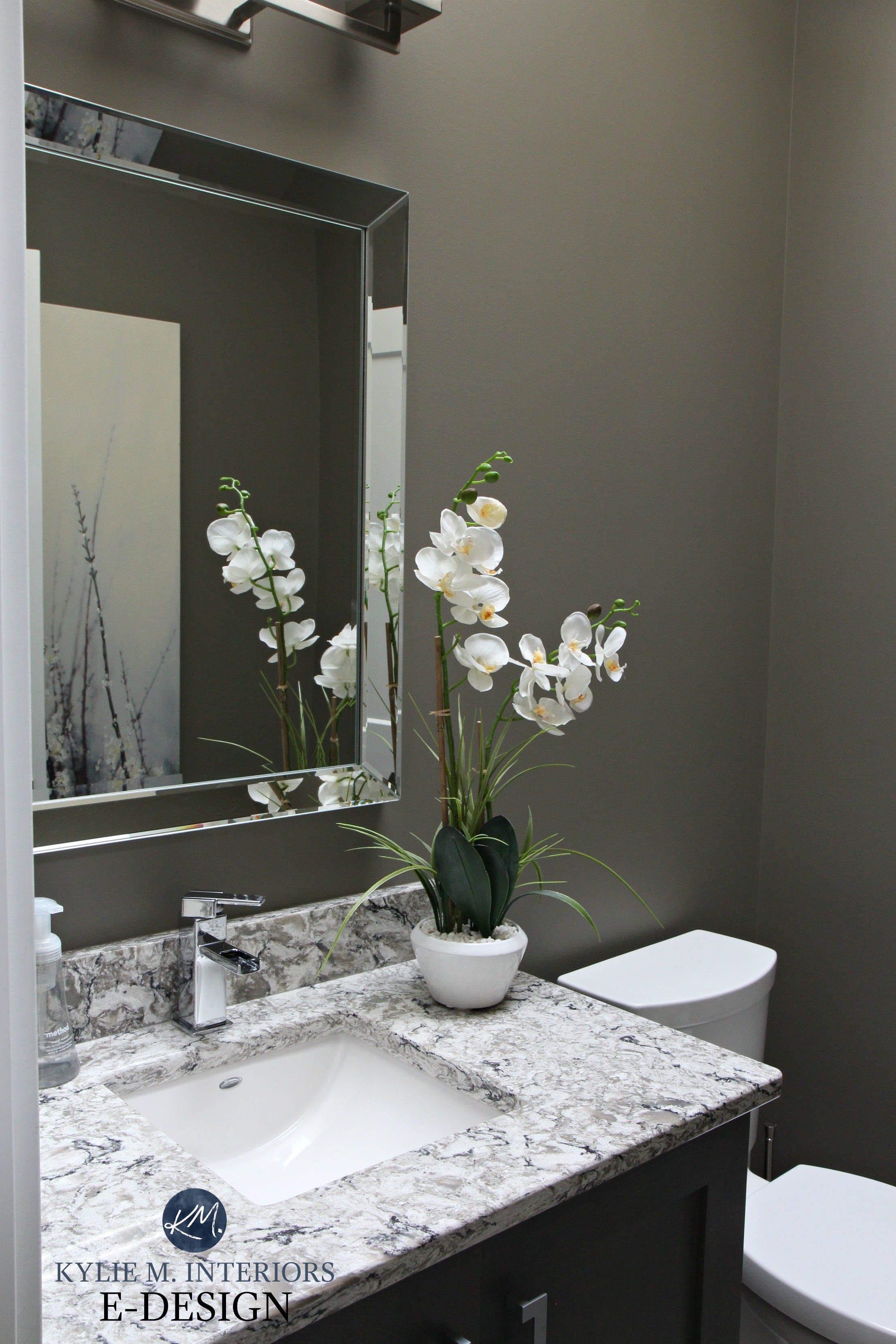 Small powder room, bathroom with Bellingham CAmbria quartz countertop and Sherwin Williams Anonymous paint colour. Kylie M Interiors Edesign, online paint expert