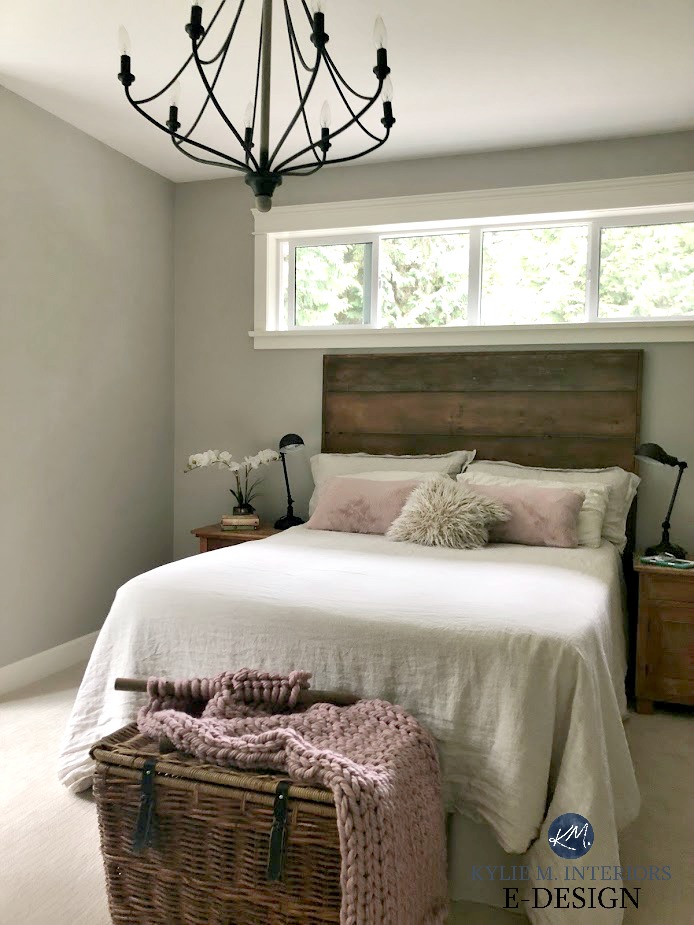Benjamin Moore Revere Pewter, master bedroom, reclaimed wood headboard, chandelier. Pink rose accents. Kylie M Interiors Edesign, online paint color consulting, decorating blog