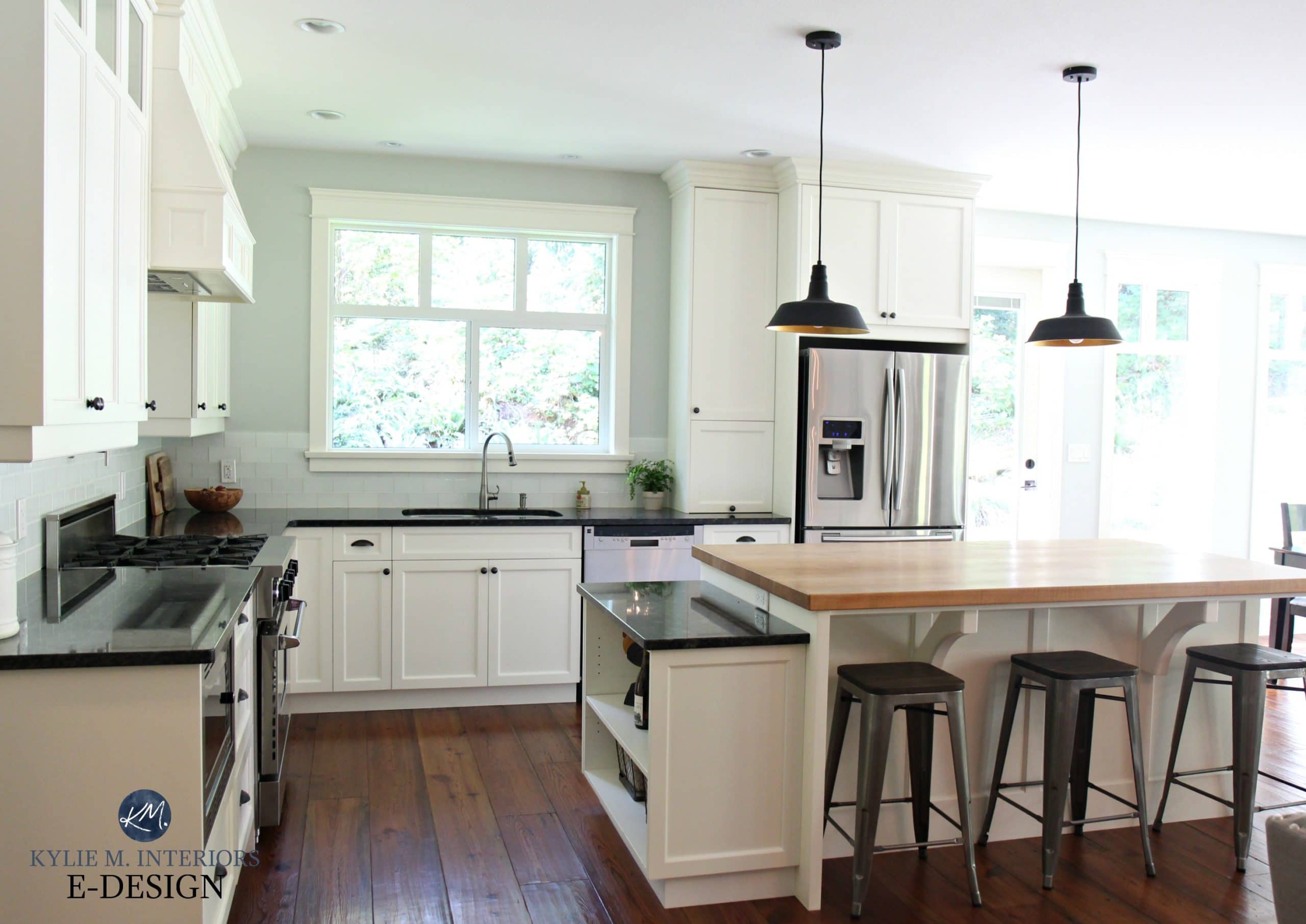 Country farmhouse style kitchen with Cloud Whtie cabinets, black granite, butcher block island. Benjamin Moore Gray Cashmere. Kylie M Interiors Edesign, online paint colour expert blog