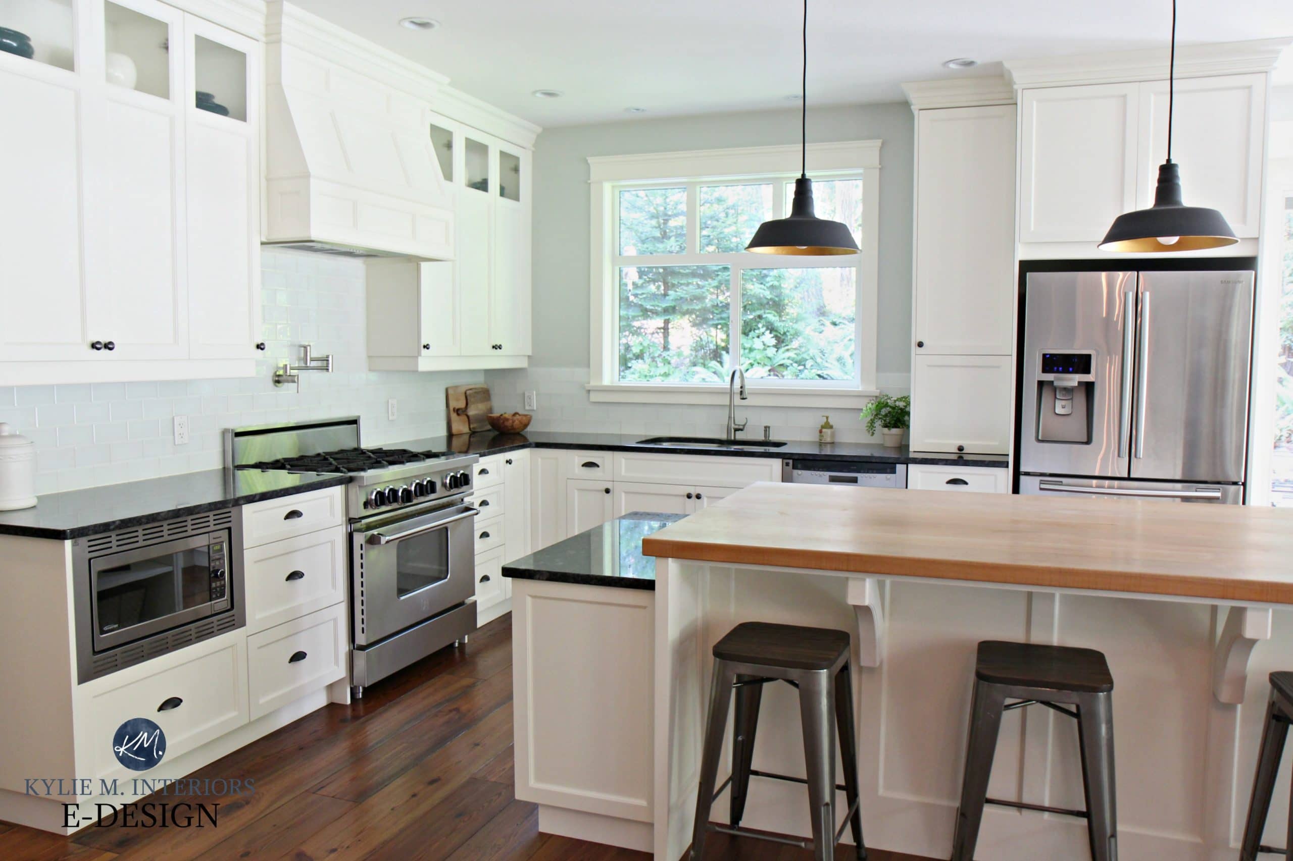 Farmhouse country style kitchen, Cloud White cabinets, black granite ...