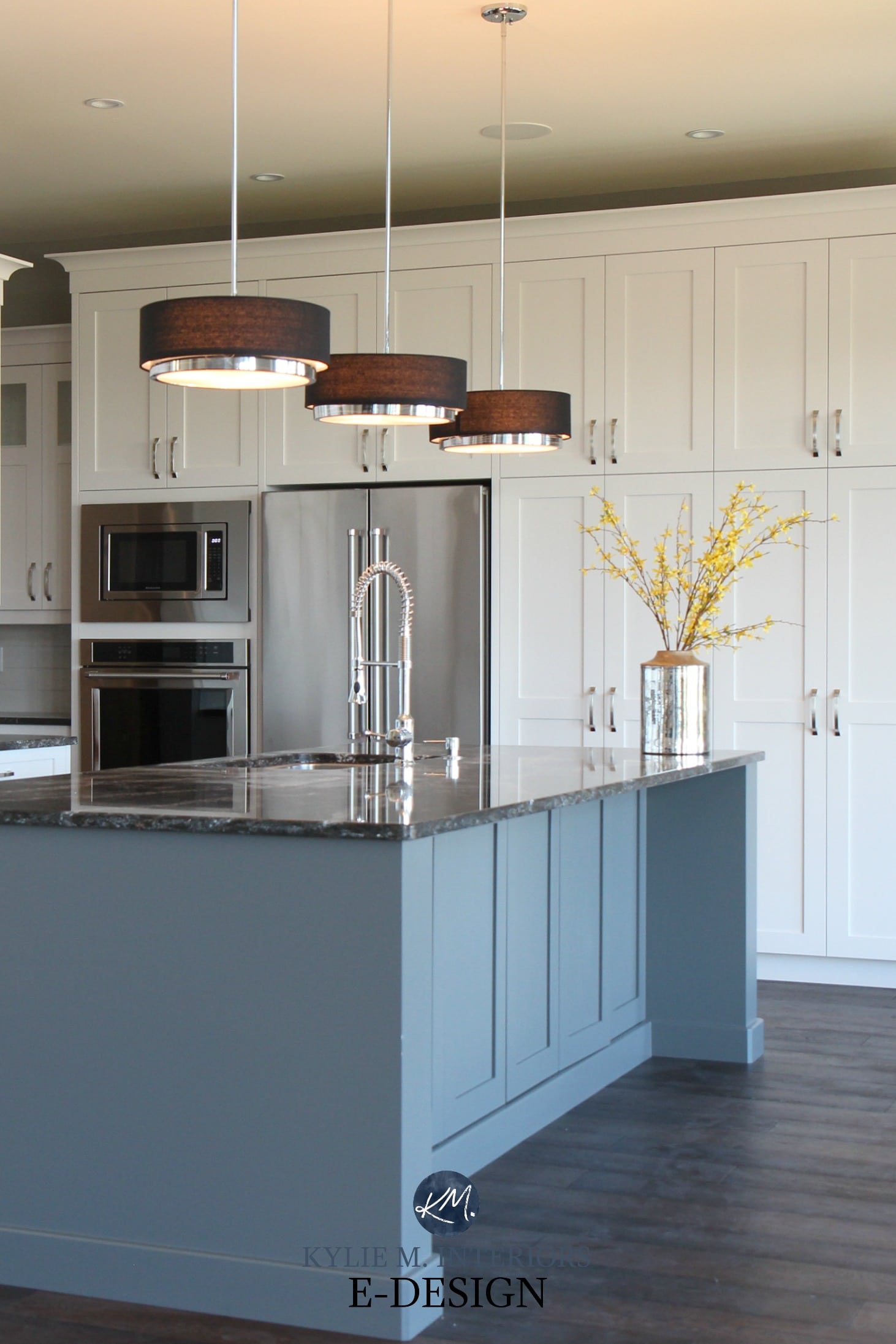 Best white paint colour. Walls or cabinets.White kitchen, gray painted island. Cambria quartz countertop black, dark wood flooring, pendant lights, modern. Kylie M Interiors Edesign. Pure White Sherwin Williams cabinets