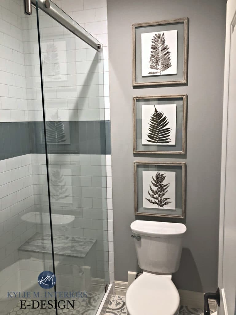 Bathroom remodel. Kylie M Interiors Edesign, paint color consultant. Sherwin Williams Argos, Restoration Hardware vanity, cement patterned floor tile 
