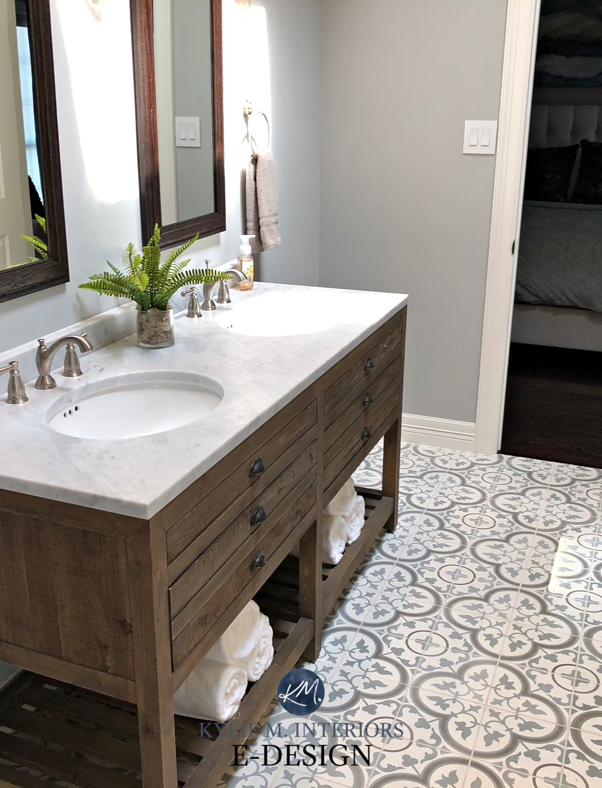 Bathroom remodel. Kylie M Interiors Edesign, paint color consultant. Sherwin Williams Argos, Restoration Hardware vanity, cement patterned floor tile