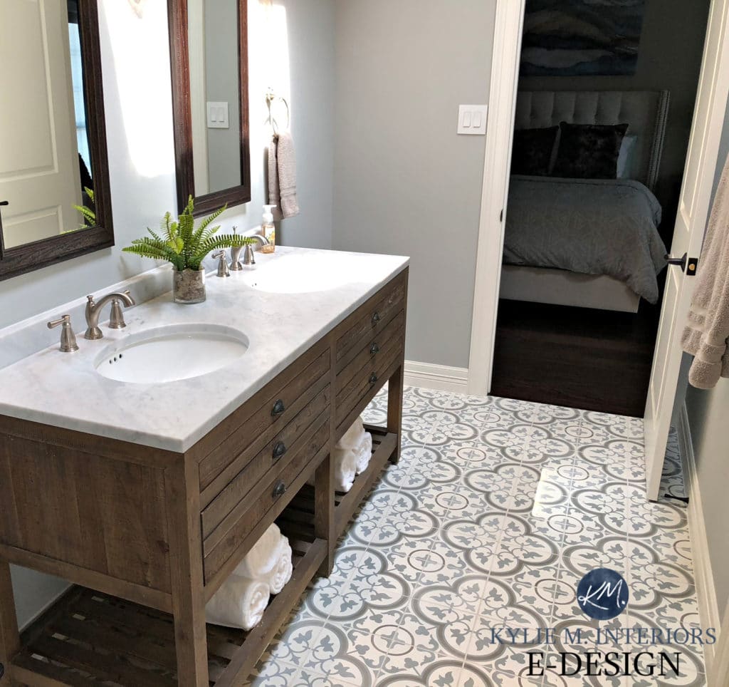 Bathroom remodel. Kylie M Interiors Edesign, paint color consultant. Sherwin Williams Argos, Restoration Hardware vanity, cement patterned floor tile