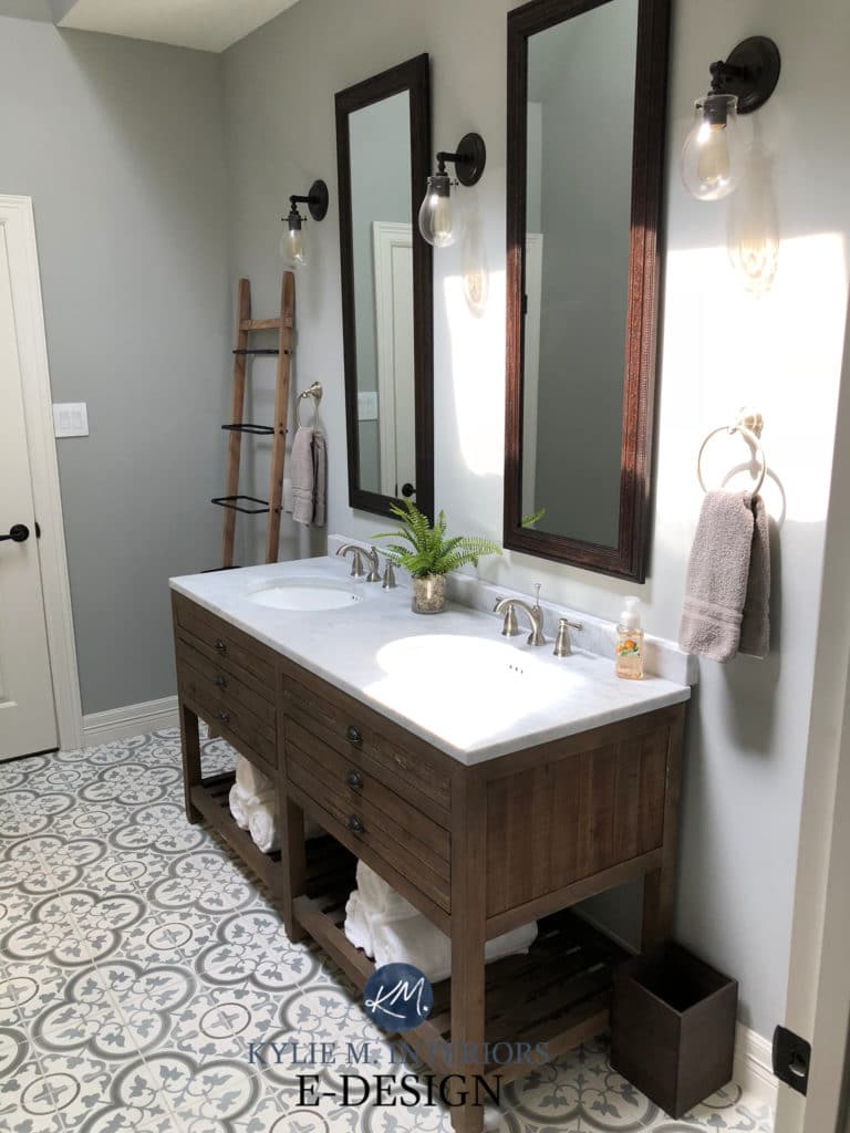 Bathroom remodel. Kylie M Interiors Edesign, paint color consultant. Sherwin Williams Argos, Restoration Hardware vanity, cement patterned floor tile (6)