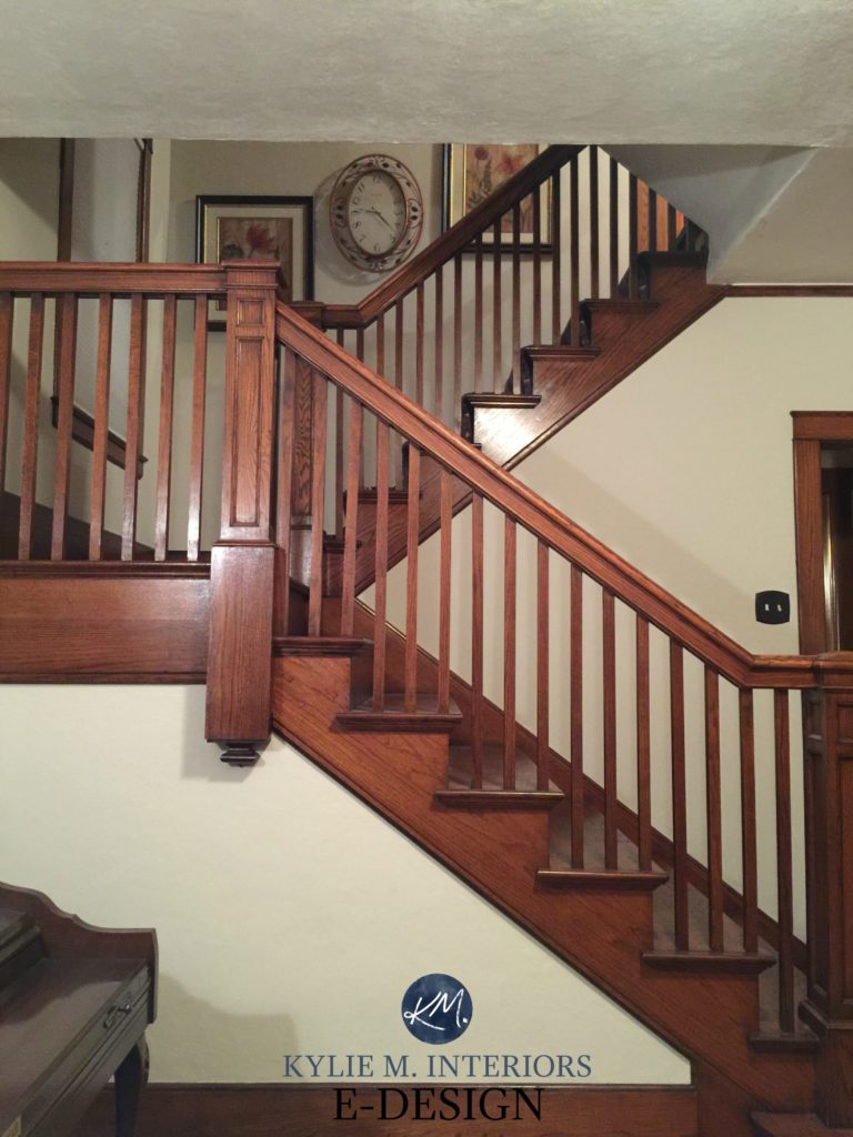 Best paint colours, dark wood trim, stair railing, doors