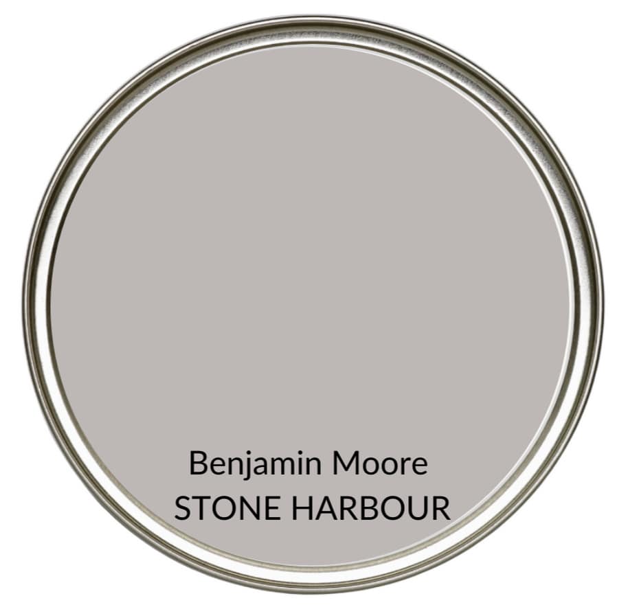Best farmhouse country warm gray paint colour, Benjamin Moore Stone Harbor. Kylie M Interiors, Edesign, online color consulting and advice blogger