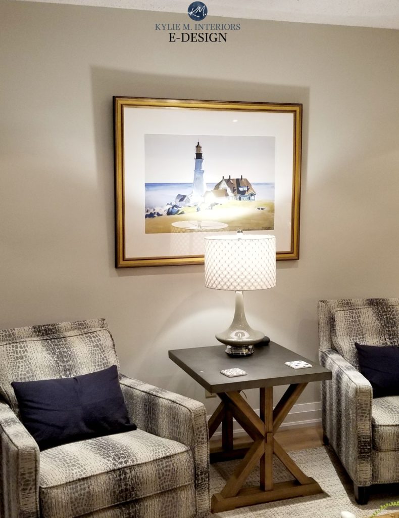 Benjamin Moore Classic Gray with 2 accent chairs and navy blue. Kylie M INteriors Edesign client photo
