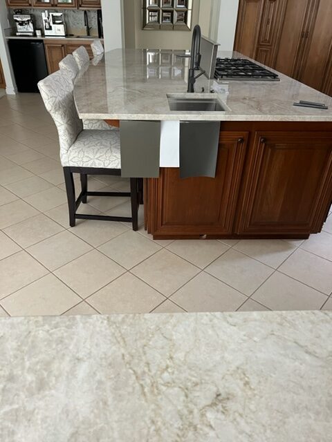 how to sample paint colors, Samplize peel and stick on dark cherry red kitchen island. beige tile floor. Kylie M. Taj Mahal quartzite counters