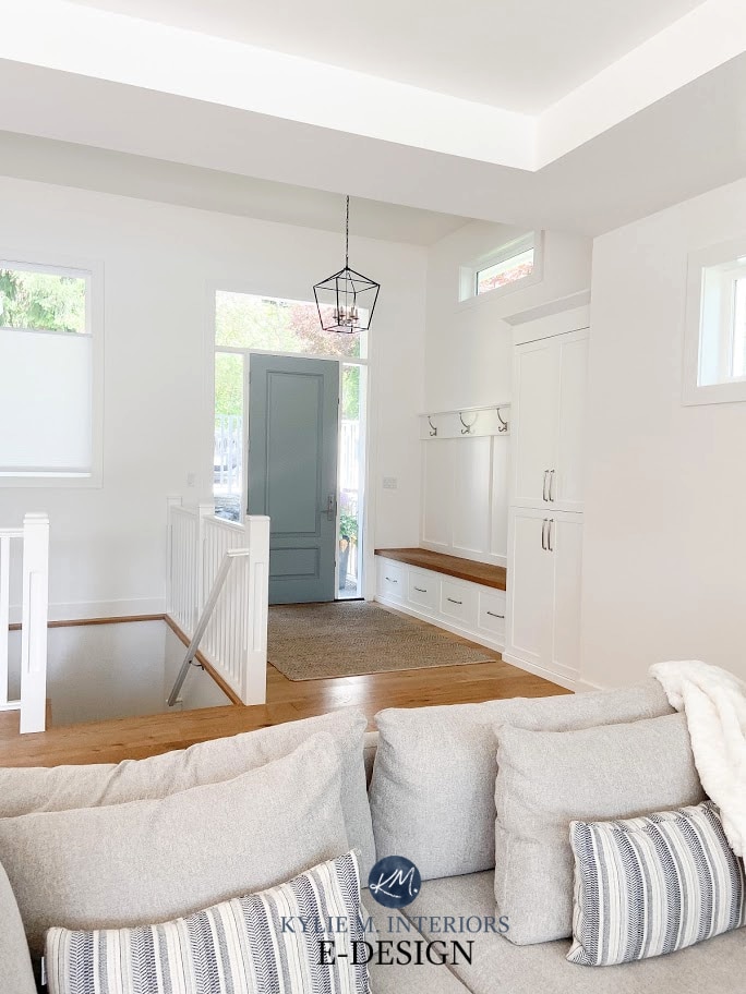 Benjamin Moore Super White, best cool white paint color. Foyer, Gris gray painted front door, white oak, built in bench. Kylie M Interiors Edesign, online paint colour and DIY decor blog