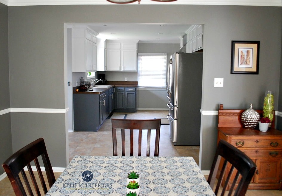 Benjamin Moore Chelsea Gray in dining room with chair rail. White kitchen cabinets with gray bottoms. Kylie M Interiors E-design, e-decor and online or virtual colour consulting