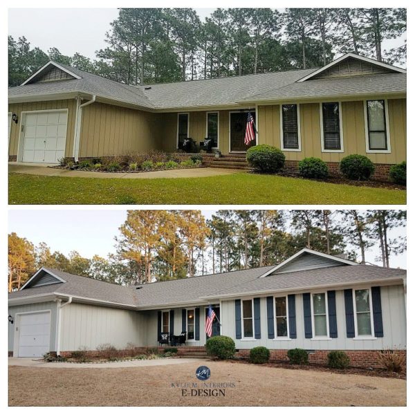Before and after red brick ranch with Sensible Hue siding, white trim and Cyberspace shutters