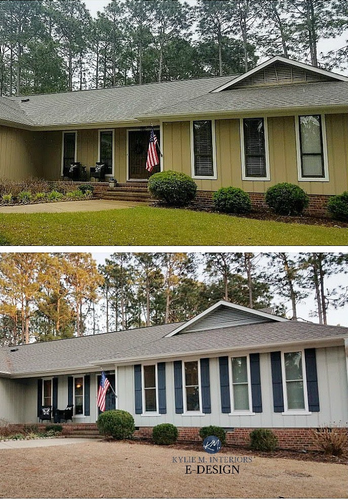 Before and after red brick ranchhouse with Sensible Hue siding and Cyberspace shutters and front door. Kylie M INteriors Edesign, online paint color consultant