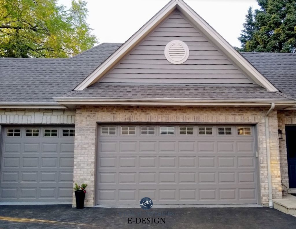 Exterior garage door and siding in BM Metropolis with Smokey Taupe trim and pnk brick. Kylie M INteriors Edesign, online paint colour consultant and blogger