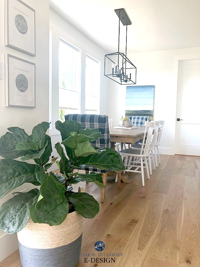 Farmhouse style dining room, white oak floors, Pure White walls, spindle back white chairs Wayfair and Pier 1. Kylie M Interiors Edesign, online paint colour consulting