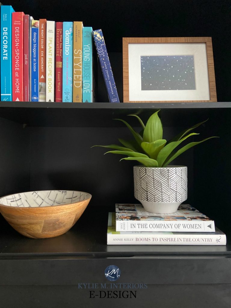 How to decorate with books on a bookshelf, mantel, and home decor. Kylie M Interiors Edesign, online paint color consultant and diy decorating advice blog