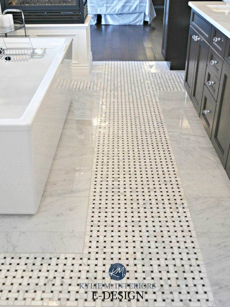 How to use marble basketweave as an accent tile in a bathroom. Kylie M Interiors Edesign, online paint color consulting