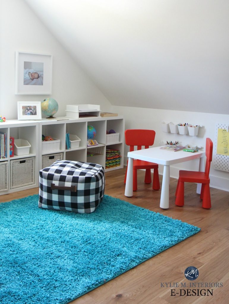 Kids budget friendly playroom ideas with Ikea furniture, Kallax, desk, chairs. teal, red and buffalo check accents. Kylie M Interiors Edesign, online paint colour advice and blog